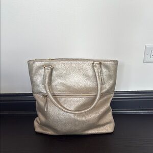 Jcrew leather gold Metallic Tote Bag with zippered compartments